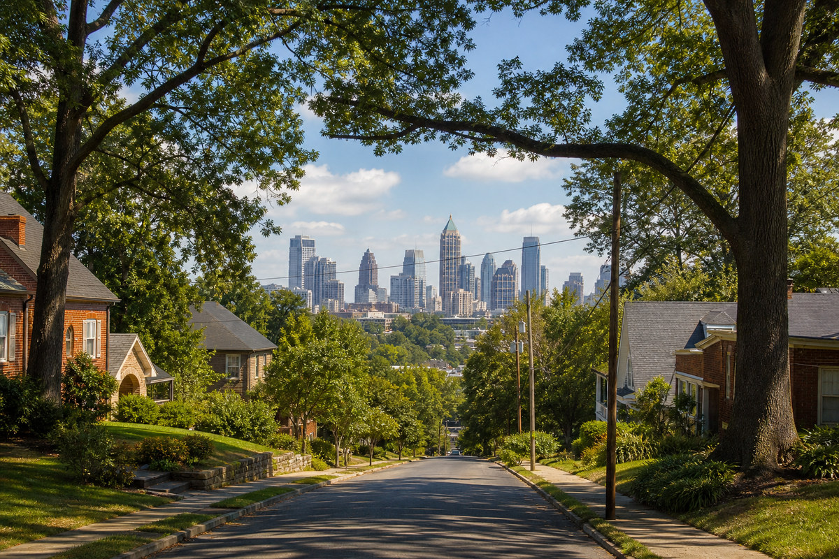 Downtown Atlanta skyline behind a tree lined residential street